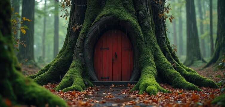 Mossy tree trunk has red door entrance in foggy forest. Wet path leads to home. Rain falls on ground with autumn leaves. Nature setting feels magical.