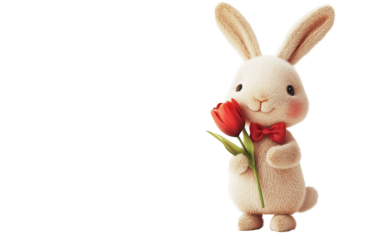 Cute bunny character clutching a tulip with a friendly expression for springtime and festive illustrations isolated on transparent background PNG
