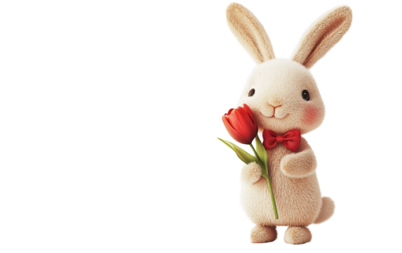 Cute bunny character clutching a tulip with a friendly expression for springtime and festive illustrations isolated on transparent background PNG