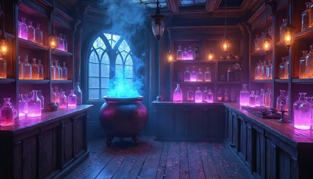 Witch laboratory large cauldron bubbling blue smoke. Wooden shelves hold colorful illuminated glass vials. Arched window shows dark night outside. Mysterious room for ancient potion making. Fantasy