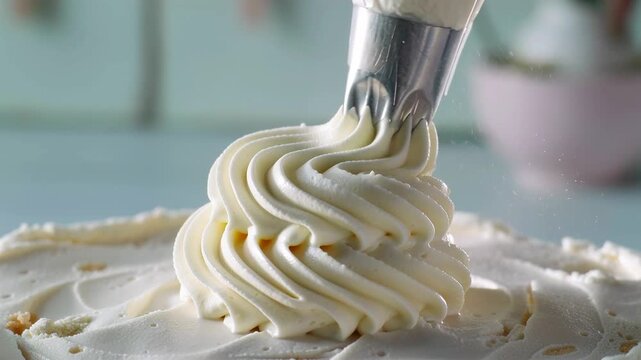 Extreme macro shot of buttercream icing being smoothly piped into soft spiral ridges, glossy texture catching light with delicate peaks forming, gentle sugar particles drifting in the air.