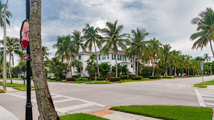 Affluent residential architecture in South Florida, showcasing a large modern villa surrounded by palm trees and manicured lawns.