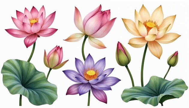 Set of watercolor lotus flowers and buds in pink, purple, and cream colors with green leaves on white background. Artistic floral illustration for design projects. - Powered by Adobe