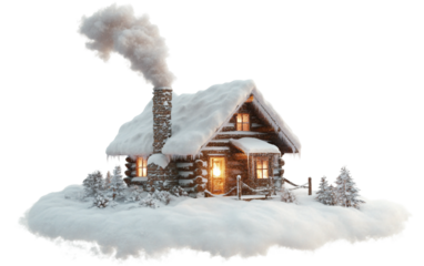 Snowy forest scene featuring a charming cabin surrounded by frost and winter tranquility isolated on transparent background PNG