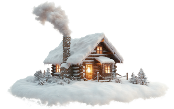 Snowy forest scene featuring a charming cabin surrounded by frost and winter tranquility isolated on transparent background PNG