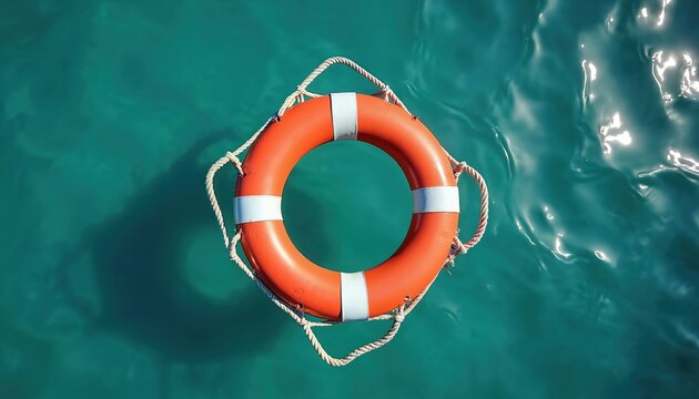 Orange lifebuoy with white stripes and rope floats on clear turquoise water. Safety equipment signals drowning prevention and water rescue. Life saving aid.