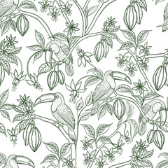 Branches with cocoa fruits and toucan birds seamless vector pattern. Hand-drawn toile de jouy print line art for fabric and wallpaper. Classic French luxury illustration. Retro engraved background.