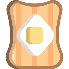A slice of toasted bread with a square of butter on top featuring a cartoonish design on a transparent background