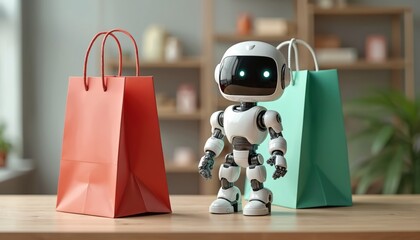 Cute robot stands with shopping bags. Image represents automated retail, future shopping experiences. Robot friendly assistant for e-commerce. Modern technology helping consumers.