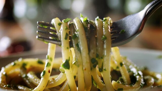 Extreme macro shot of pasta coated in glossy pesto, fork twisting warm strands as herbs and oil glisten, soft steam drifting upward and micro details of sauce texture highlighted in rich green-gold