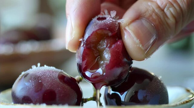 Ultra-macro shot of chilled red grapes covered in tiny frost crystals. A hand gently squeezes and breaks the grape skin, revealing glossy juice bursting softly, rich fresh texture detail.
