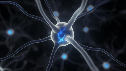 Interconnected neural network showing glowing blue signals and complex brain activity in an abstract digital animation - Powered by Adobe