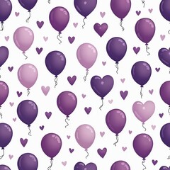 Seamless pattern features various purple, pink balloons, heart shaped, scattered on white background. Cute design creates cheerful mood, perfect for celebrations, holidays, birthdays, joyful events.