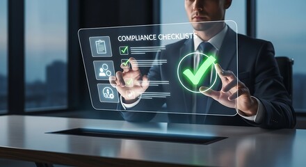 Businessman using digital compliance checklist on futuristic interface at work