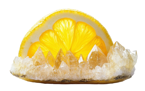 Surreal lemon slice morphing into glowing crystal creating a bright and visually striking composition isolated on transparent background PNG