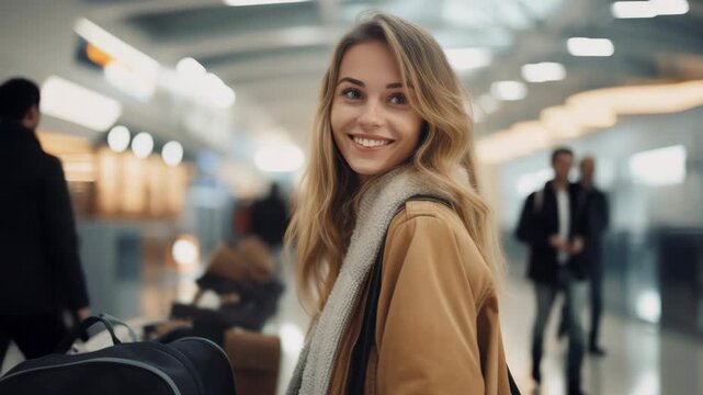 A woman smiles as she walks through the airport security checkpoint with her luggage.