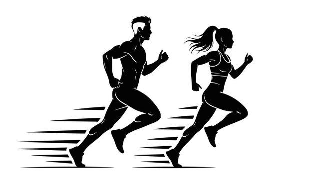 Running man and woman, isolated vector silhouettes. Run, side view. Silhouettes of athletic looking male and female runners running. JPEG version.