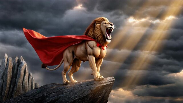 Powerful Lion in Red Cape Standing on Mountain Peak Under Dramatic Sky with Sunbeams Breaking Through Clouds