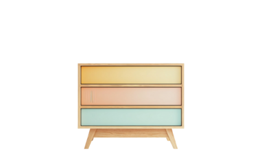 Minimalist light wood dresser featuring soft pastel drawers for sleek and contemporary interior design isolated on transparent background PNG