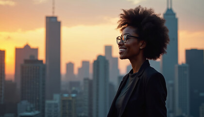 Smiling black woman stands at sunset in cityscape. Confident businesswoman wearing glasses looks happy. Works in corporate finance banking investment. Freedom achievement, successful career concept.