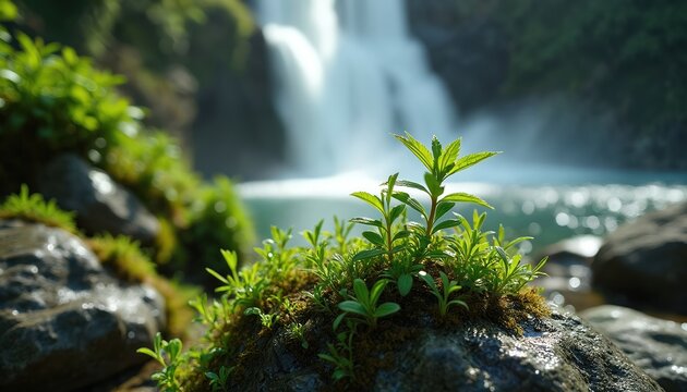 Small green plant grows on wet rocks beside flowing waterfall. Lush moss covers stones near clear blue water. Serene natural landscape offers peaceful environment. - Powered by Adobe
