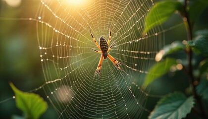 Golden orb weaver spider sits in center of web glistening with morning dew. Spider yellow, black body with long legs. Web intricate with dewdrops sparkling in sunlight. Green leaves surround spider
