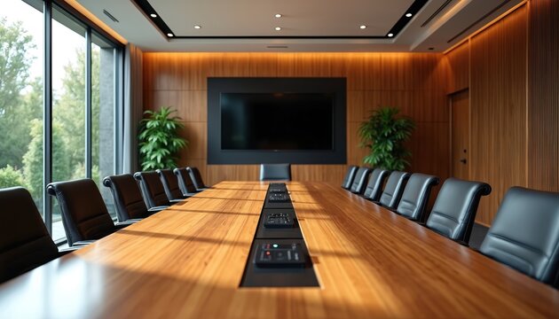 Empty luxurious modern boardroom with large wooden table and leather chairs. Large screen for presentations and video calls. Natural light streams in from windows.