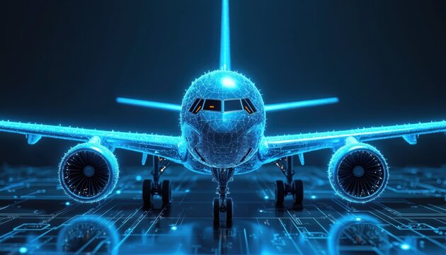 Futuristic airplane constructed from glowing blue digital network lines. Aircraft appears on illuminated circuit board pattern. Concept for advanced aero tech and sci fi.