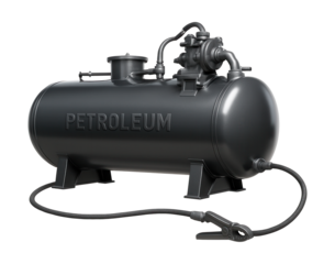 Petroleum tanker featuring built-in pump and visible grounding cable.