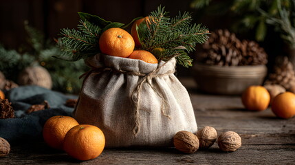 Hemp Fabric Santa Gift Sack Filled with Organic Nuts and Oranges – Eco Holiday Decor