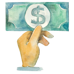 Watercolor hand holding a dollar bill, financial concept