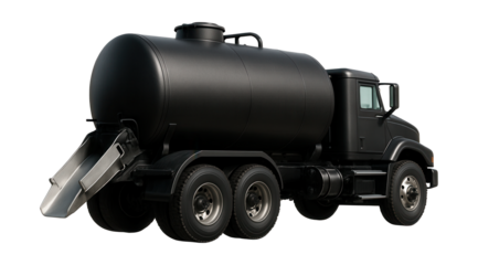 Heated asphalt tanker with rear discharge chute for efficient unloading.