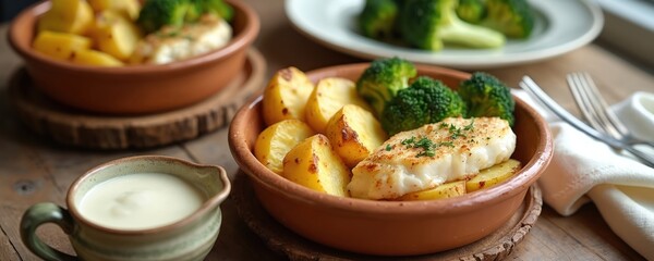 Oven baked codfish with golden potato wedges, green broccoli florets served in rustic bowls. Creamy sauce offered on side alongside forks. Healthy meal fits many culinary themes, occasions for food