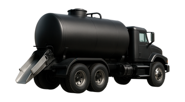 Heated asphalt tanker with rear discharge chute for efficient unloading.