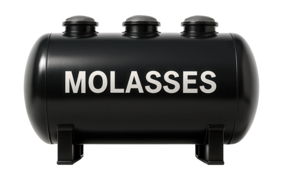 Reinforced molasses tanker with a durable outer shell and top breather vents.