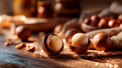 Fresh Macadamia Nuts on Rustic Wooden Table with Warm Sunlit Kitchen Ambience