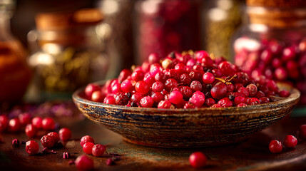 Vivid pink peppercorns displayed on a rustic ceramic plate with warm natural light and soft organic kitchen setting