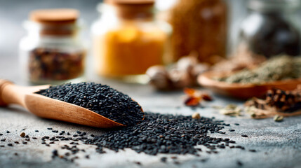 Black Sesame Seeds on Wooden Spoon with Soft Morning Light in a Rustic Kitchen Setting