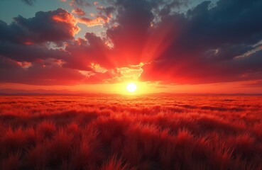 Fototapeta premium Stunning sunset sky with vibrant red and orange tones illuminates the field. Sunlight breaks through the clouds. Nature landscape image creates peaceful feeling.