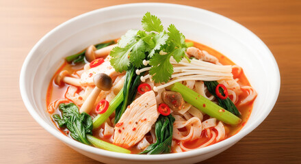 Colorful bowl of Japanese-style malatang with noodles, mushrooms, vegetables, sliced chicken, chili peppers, and cilantro in spicy broth.