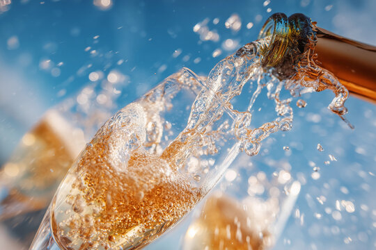 A bottle of champagne is being poured into a glass, creating a frothy