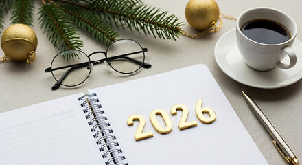 A festive workspace setup featuring a notebook with the year 2026, glasses, coffee, and decorations.