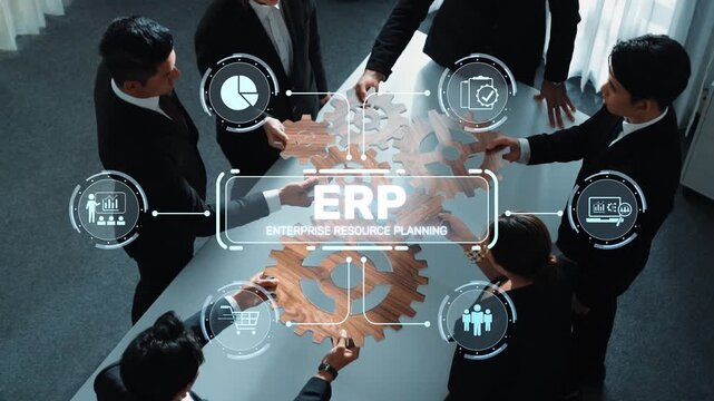 Professionals collaborate in a modern office setting, utilizing digital tools for enterprise resource planning, showcasing teamwork and efficiency through visual elements. Raster
