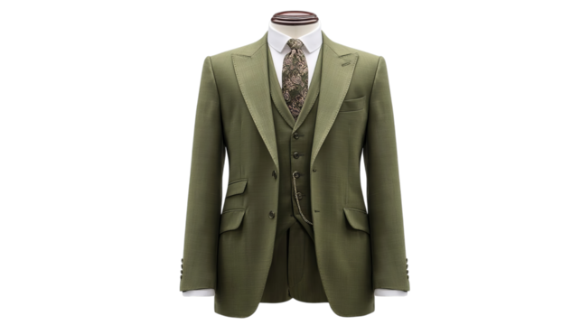 PNG of Elegant green suit with a patterned tie, perfect for formal occasions or special events.