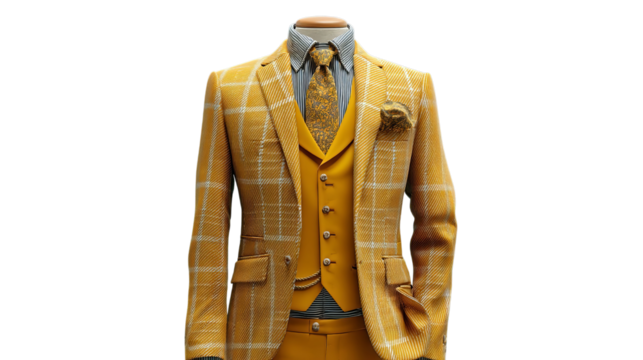 PNG of Stylish men's yellow checkered suit with a vest, showcasing elegance and boldness.