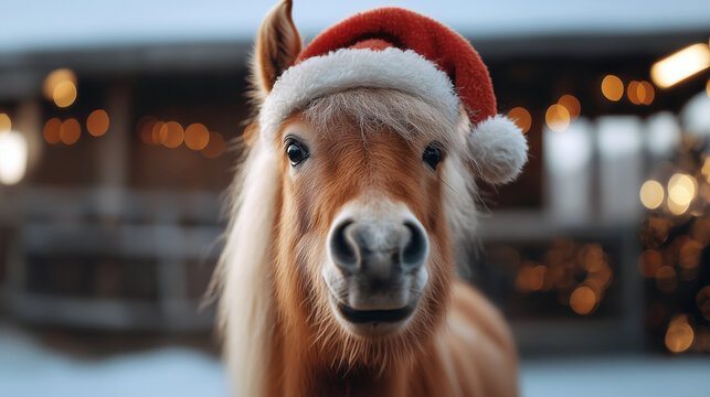 Cute pony wearing Santa hat during Christmas in snowy environment, symbol of the new year 2026 
