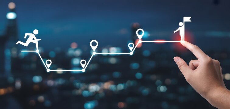 Reaching the Goal: A person's hand pointing toward a finish line in a complex business plan