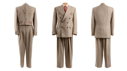PNG of Elegant vintage men's suit in beige with subtle pinstripes, showcasing sophisticated tailoring and classic design.