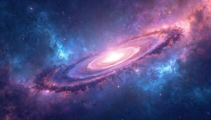 Fototapeta premium Vibrant spiral galaxy swirls with bright core in deep space. Colorful nebula clouds, stars fill cosmic sky. Abstract universe illustration shows galactic beauty, mystery. Blue, purple, pink, orange