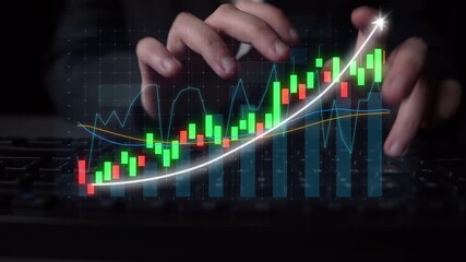 This image captures a person interacting with a keyboard while stock market data visualizes on the screen, highlighting financial growth trends in a modern workspace. Copula - Powered by Adobe